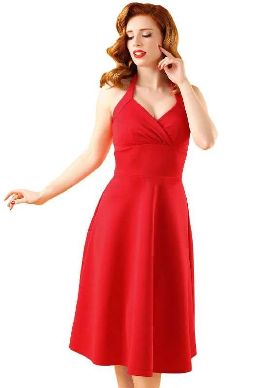 50s Eventful Red Vintage Halter Swing Dress Long sleeve unclassified dresses