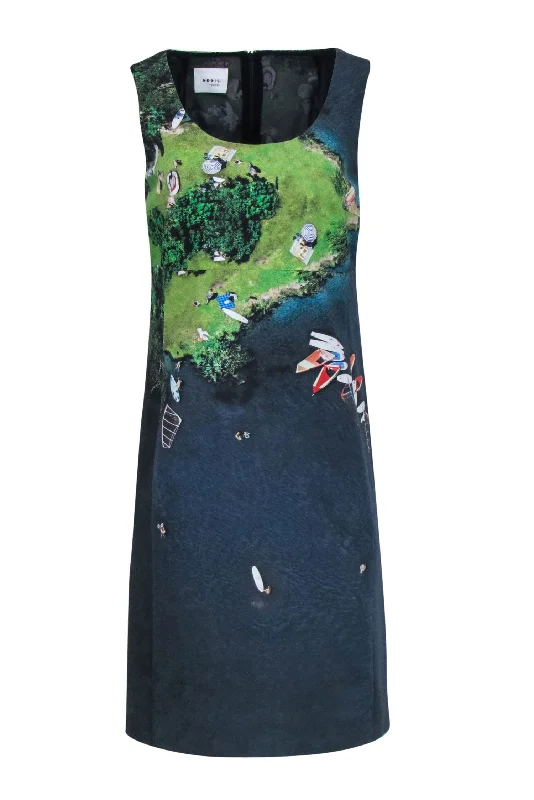 Akris Punto - Blue & Green "Lake" Printed Sleeveless Shift Dress Sz 10 Y2K unclassified dresses