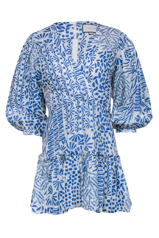 Alexis - Blue & White Print Wrap Bodice Dress Sz S Boho unclassified dresses