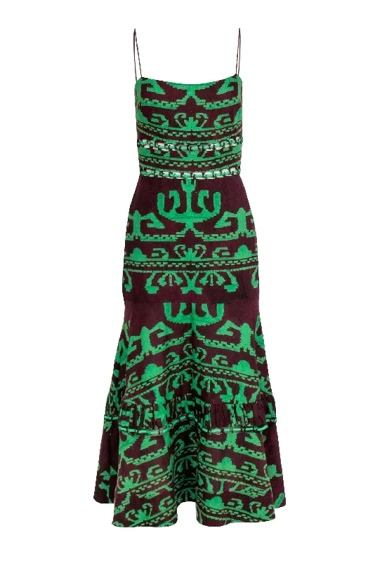 Alexis - Maroon & Green Print "Ayanna" Interlacing Dress Sz S Affordable unclassified dresses