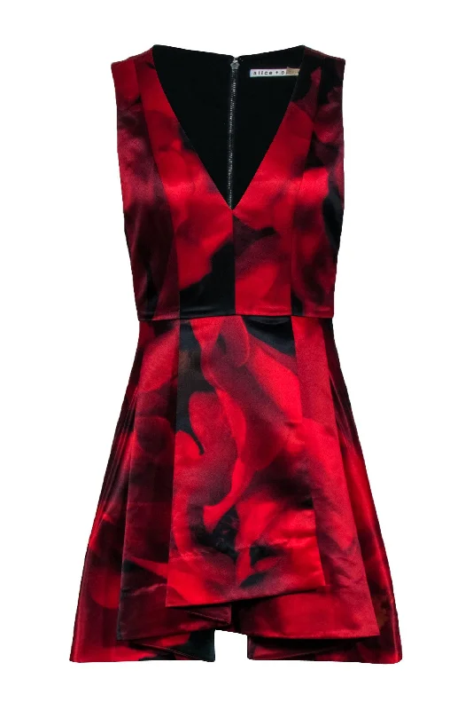 Alice & Olivia - Red & Black Rose Print Sleeveless Dress Sz 0 Office unclassified dresses