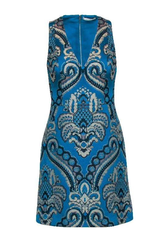 Alice & Olivia - Teal “Natales” Sleeveless Dress w/ Brocade Print Sz 0 Lightweight unclassified dresses