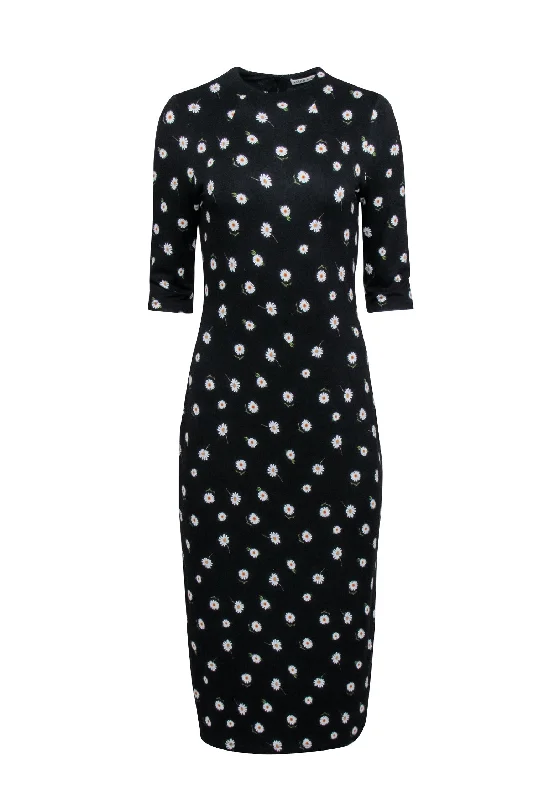 Alice & Olivia - Black w/ Daisy Print Cropped Sleeve Dress Sz 10 Elegant unclassified dresses