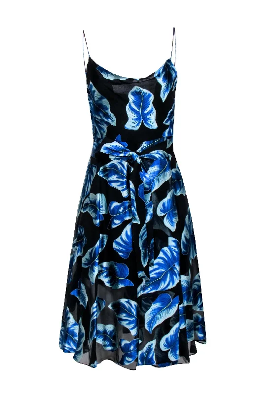 Alice & Olivia - Black w/ Blue Leaf Print Wrap Bottom Dress Sz 2 Summer unclassified dresses