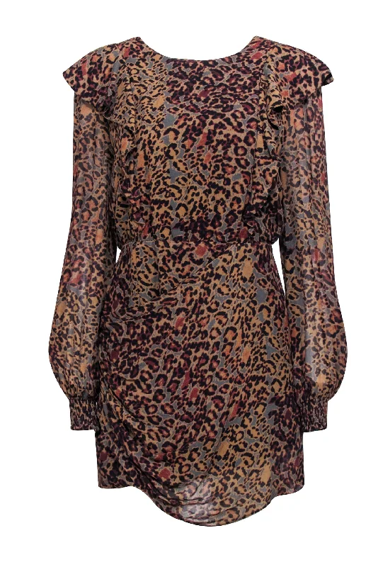 All Saints - Tan Leopard Print Ruffled "Elodie" Dress Sz 8 Embroidered unclassified dresses