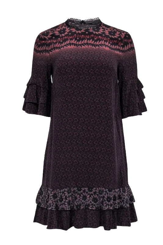 All Saints - Black, Brown, & Rust Print Ruffle Sleeve & Hem Dress Sz S Casual unclassified dresses