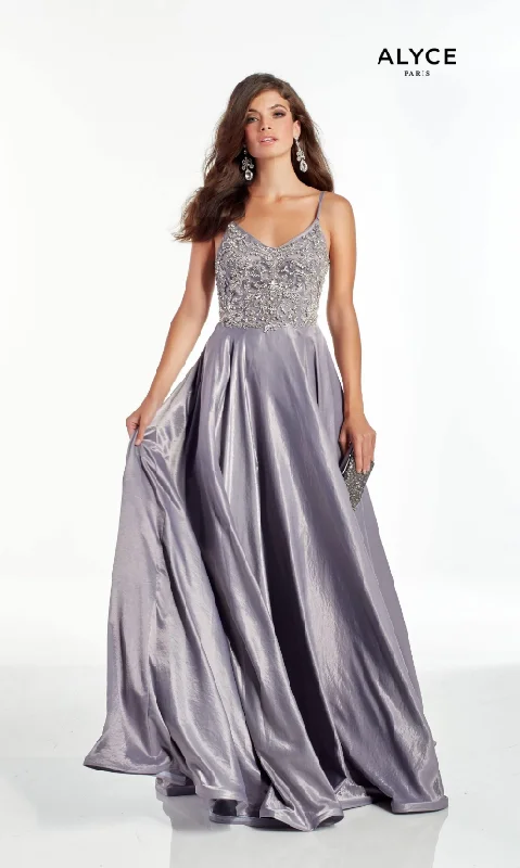 ALYCE Paris 60971 Lilac Grey V-Neck Charmeuse A-Line Dress - Size 10 Ruffled unclassified dresses