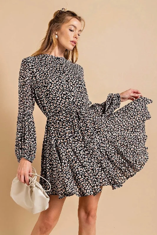 Animal Print Balloon Sleeve Dress Winter unclassified dresses