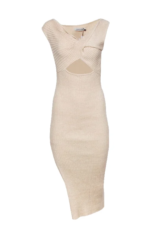 Anna Quan - Beige Ribbed Knit Dress w/ Twisted Asymmetric Neckline Sz 4 Sequin unclassified dresses