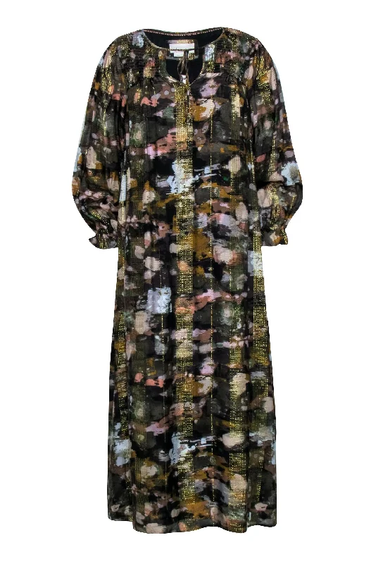 Anthropologie - Brown & Gold Metallic Thread Dress w/ Multi-Color Print Sz S Engagement unclassified dresses