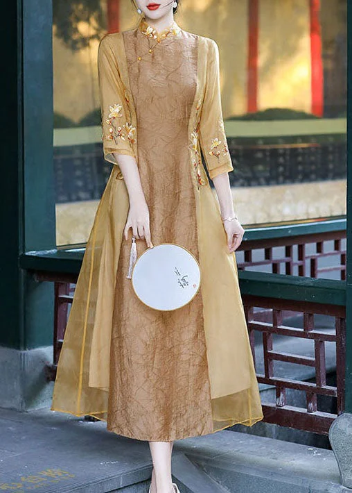 Apricot Patchwork Silk Dress Embroidered Stand Collar Spring Trendy new unclassified dresses