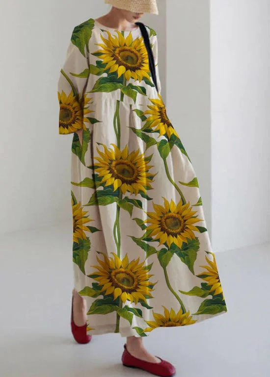 Apricot-sunflower Cotton Dresses Pockets Patchwork Spring Bright color unclassified dresses