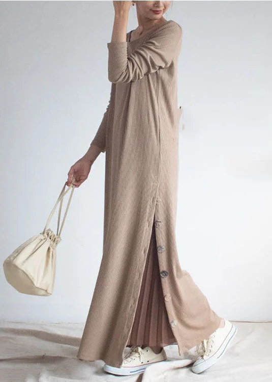 Art Beige O-Neck Oversized Side Open Knit Ankle Dress Spring Mesh unclassified dresses