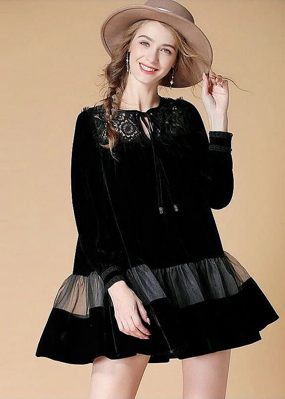 Art Black O Neck Embroidered Patchwork Velour Dresses Spring Cotton unclassified dresses