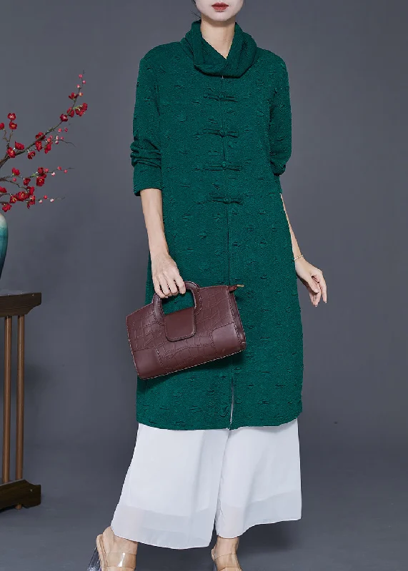 Art Blackish Green Turtle Neck Jacquard Chinese Button Dresses Spring Holiday unclassified dresses