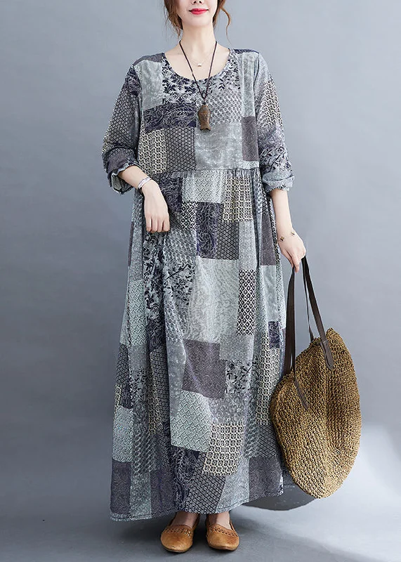 Art Grey Oversized Plaid Exra Large Hem Cotton Holiday Dress Spring Plus size unclassified dresses