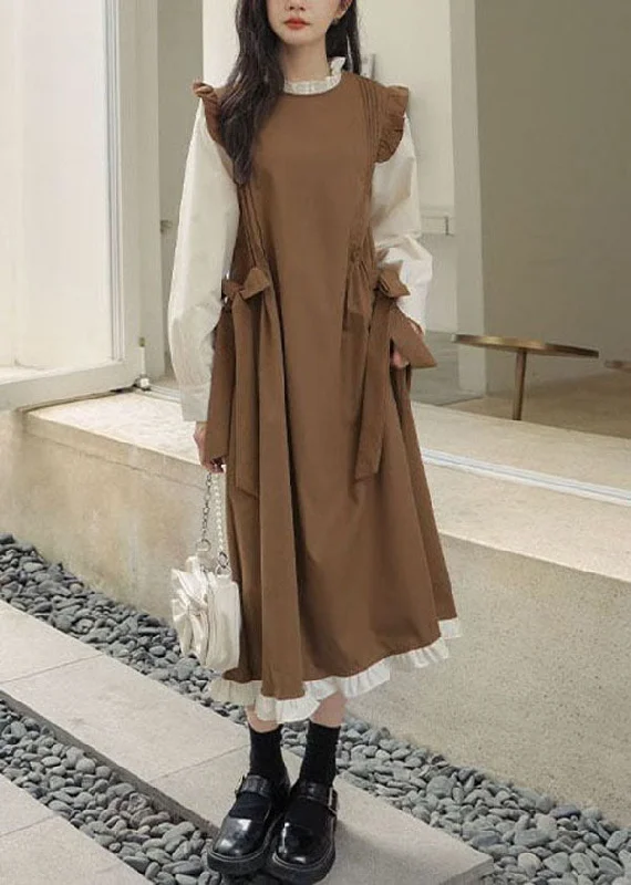 Art Khaki Ruffled Patchwork Cotton Fake Two Piece Dress Spring Date night unclassified dresses