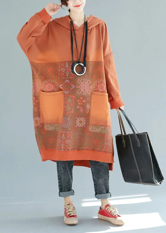 Art Orange Hooded Patchwork Cotton Dresses Spring Date night unclassified dresses