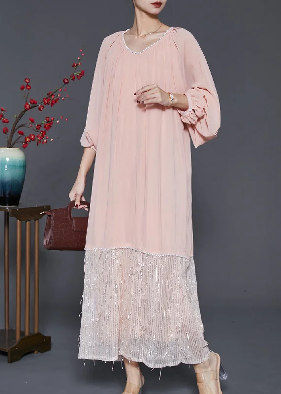 Art Pink Tasseled Patchwork Chiffon Ankle Dress Spring Breathable unclassified dresses