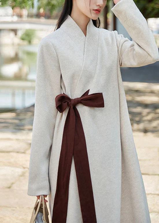 Art White V Neck Patchwork Tie Waist Woolen Dress Spring Minimalist unclassified dresses