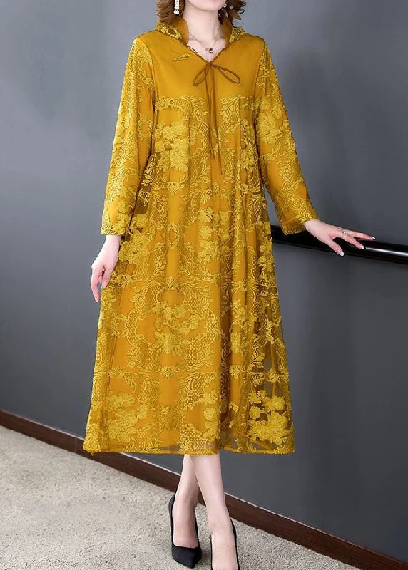 Art Yellow Hooded Embroidered Patchwork Silk Dress Spring Stylish unclassified dresses