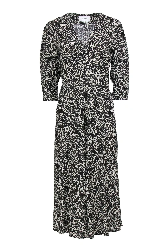 Ba&sh - Black & Beige Print Crop Sleeve Dress Sz S Earthy tone unclassified dresses