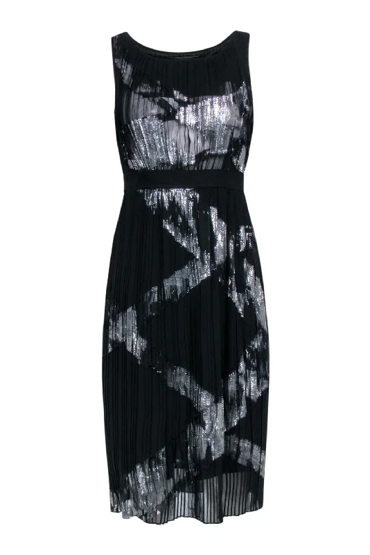 BCBG Max Azria - Black & Silver Print Pleated Sleeveless Dress Sz XXS Corset unclassified dresses