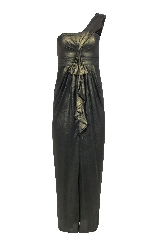 BCBG Max Azria - Metallic Gold One Shoulder Gown w/ Front Slit Sz 2 Short unclassified dresses