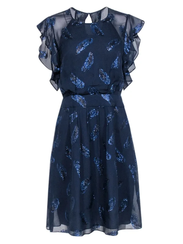 BCBG Max Azria - Navy Blue Flutter Sleeve Dress w/ Metallic Feather Print Sz 8 Denim unclassified dresses