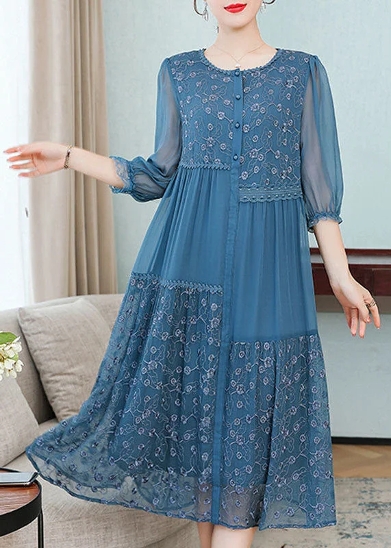 Beautiful Blue Embroidered Patchwork Silk Dresses Spring Casual chic unclassified dresses