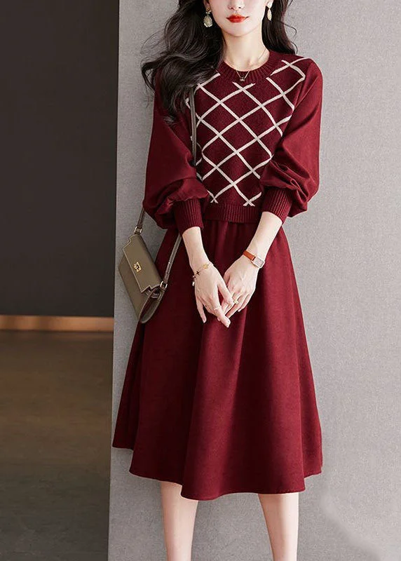 Beautiful Red O Neck False Two Patchwork Wool Dresses Spring Lightweight unclassified dresses