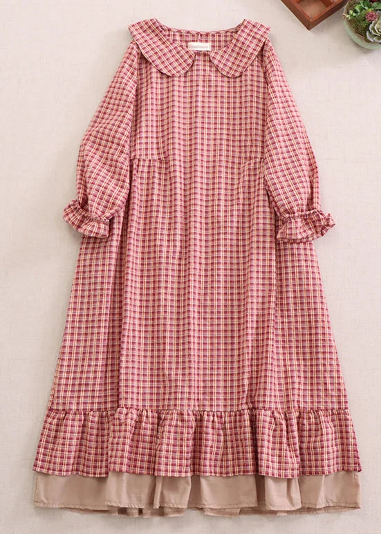 Beautiful Red Plaid Peter Pan Collar Ruffled Cotton Dresses Spring Casual unclassified dresses