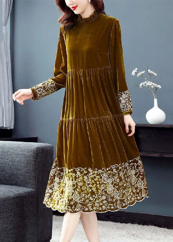 Beautiful Yellow Ruffled Patchwork Print Velour Dress Spring Velvet unclassified dresses