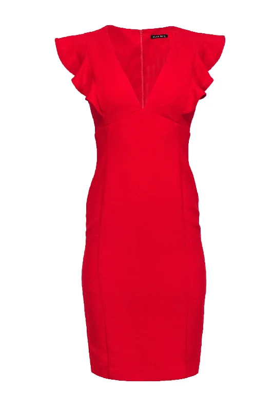 Black Halo - Red Knee Length Fitted Sheath Dress w/ Shoulder Ruffle Sz 4 Dark color unclassified dresses