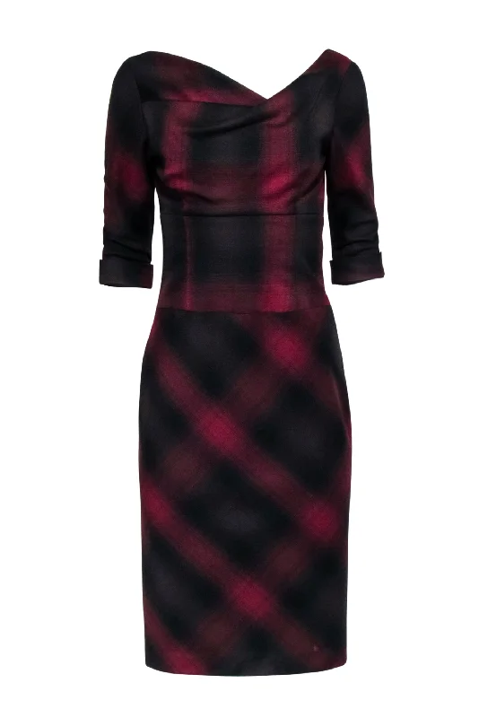 Black Halo - Red & Black Plaid Off The Shoulder Crop Sleeve Dress Sz 4 Silk unclassified dresses