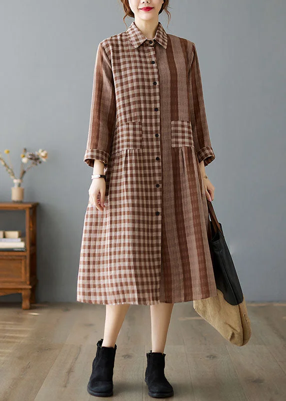 Black Plaid Button Cotton Dress Asymmetrical Spring Bold pattern unclassified dresses