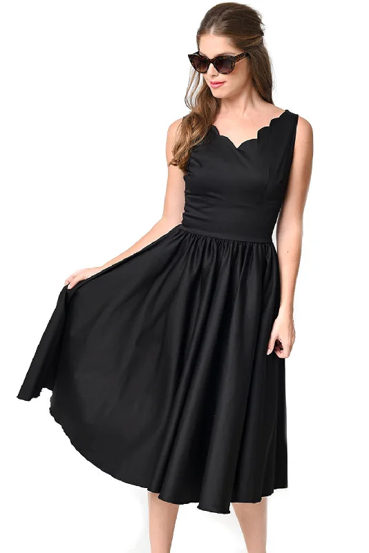 Black Scallop Neck Cinched Waist Ladylike Vintage Dress Women's unclassified dresses