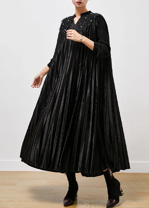 Black Silk Velour Holiday Pleated Dresses Oversized Nail Bead Spring Festival unclassified dresses