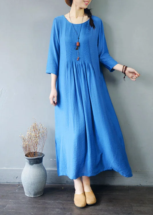 Blue Pockets Patchwork Cotton Dress Wrinkled O Neck Spring Velvet unclassified dresses