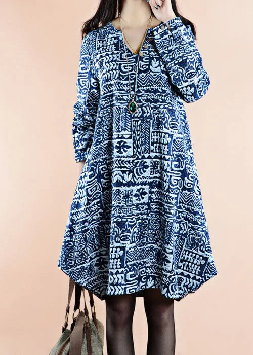 Blue Print Patchwork Linen Dress V Neck Asymmetrical Spring Earthy tone unclassified dresses