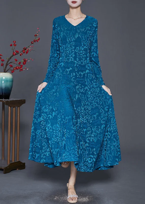 Blue Silm Fit Silk Velour Robe Dresses Jacquard Spring One-shoulder unclassified dresses