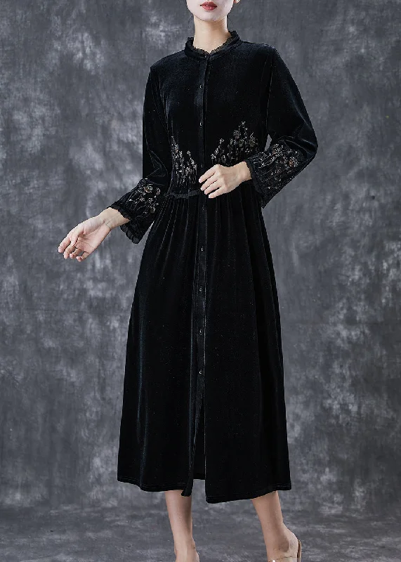 Bohemian Black Embroidered Ruffled Silk Velour Dress Spring Short unclassified dresses