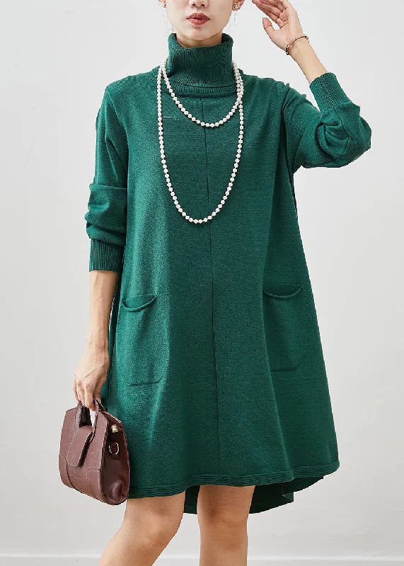 Bohemian Blackish Green High Neck Pockets Cotton A Line Dresses Spring Knitted unclassified dresses