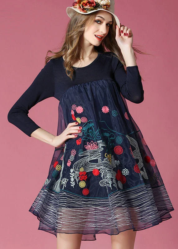 Bohemian Navy Embroidered Patchwork Organza Holiday Dress Spring Travel unclassified dresses