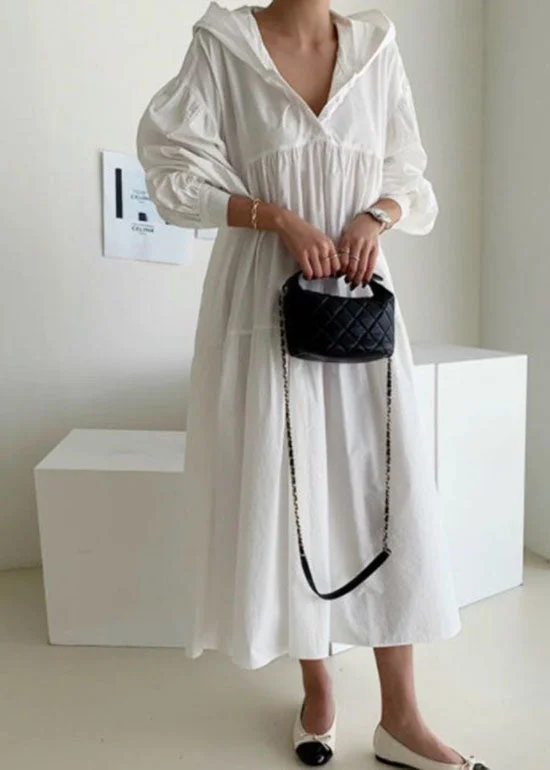 Bohemian White Hooded Patchwork Cotton Maternity Dresses Spring Ruched unclassified dresses