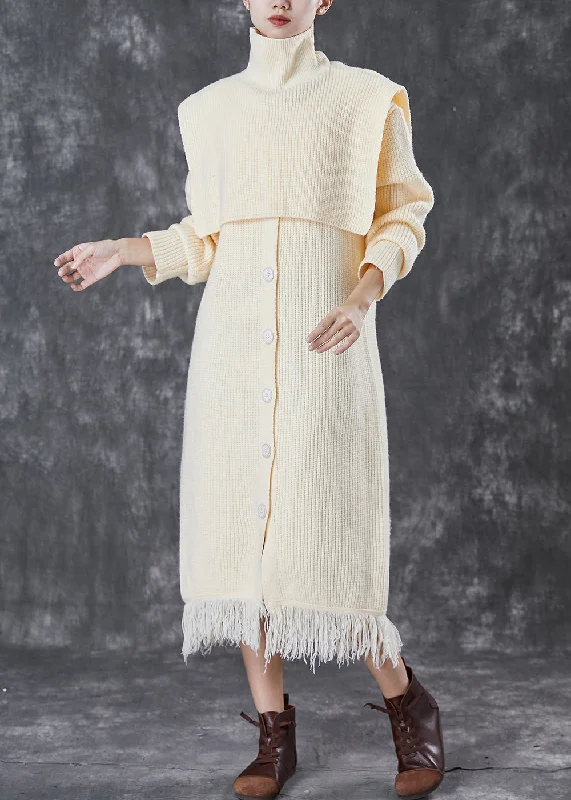 Boho Beige Turtle Neck Knitwear Dress Two Piece Set Spring Flowy unclassified dresses