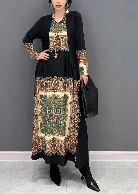 Boho Black O Neck Wrinkled Print Silk Dresses Spring Affordable unclassified dresses