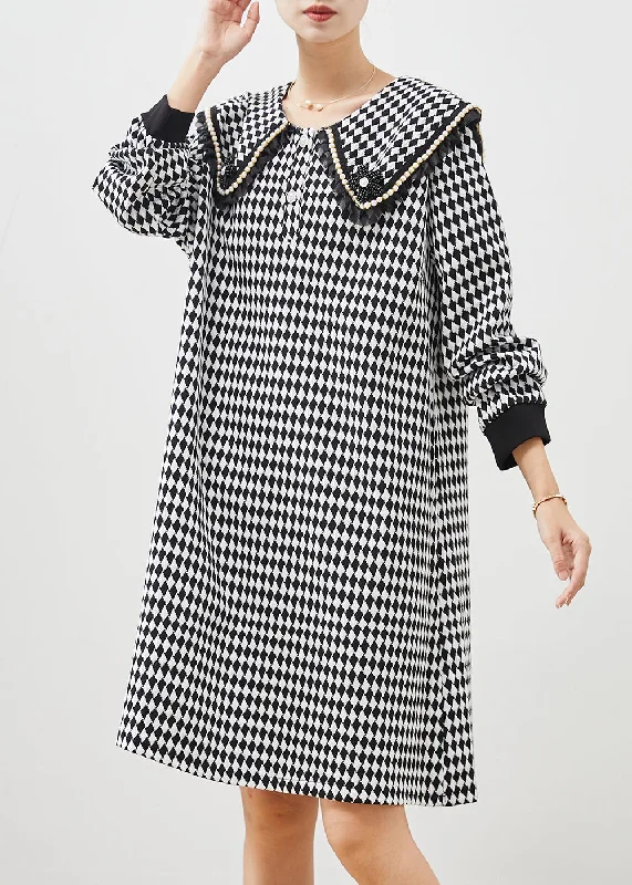 Boho Black White Plaid Sailor Collar Cotton Dress Spring Trendy new unclassified dresses