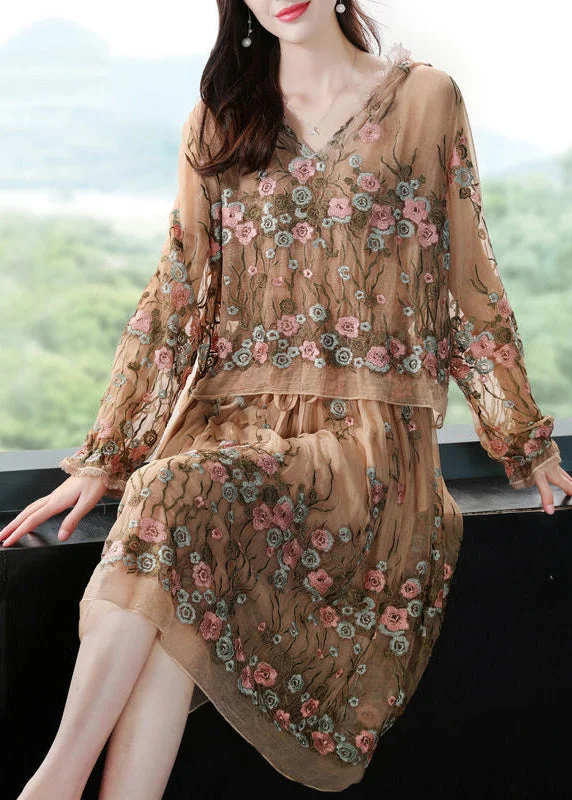 Boutique Beige Hooded Embroidered Patchwork Silk Fake Two Piece Dresses Spring Festival unclassified dresses