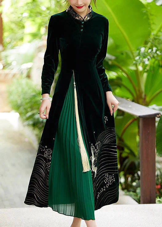 Boutique Green Tasseled Embroidered Patchwork Velour Dresses Spring Budget-friendly unclassified dresses